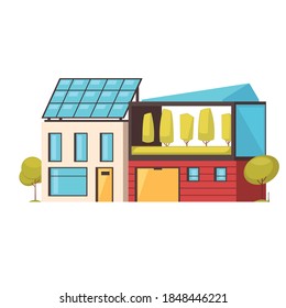 Smart city technology composition with low rise town buildings with green galleries and solar batteries vector illustration
