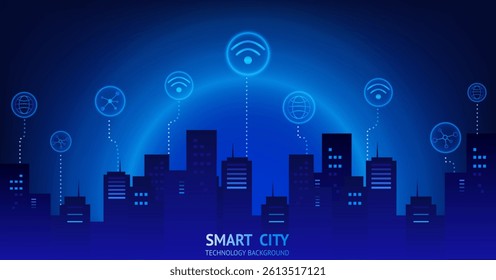 A Smart city technology concept with glowing blue skyline, wireless network icons, and futuristic digital connections, symbolizing innovation and connectivity. digital technology background