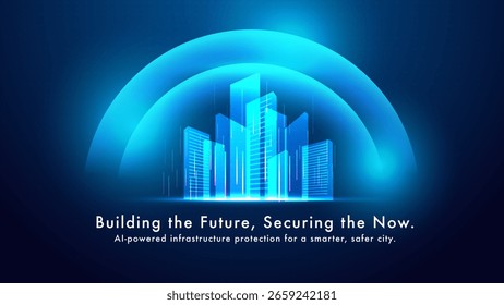 Smart city technology concept with glowing blue skyscrapers, protective arc, digital light effects and futuristic urban infrastructure on a dark background.