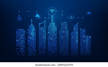 smart city technology digital network connection on blue background. internet of things technology in iot concept. vector illustration hi-tech design.