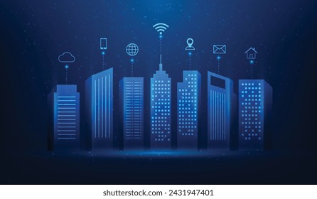 smart city technology digital network connection on blue background. internet of things in town with icon. big data connection society. vector illustration fantastic hi-tech design.