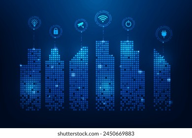 smart city technology digital network on blue background. internet of things buildings. big data town. vector illustration fantastic design.