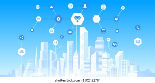 Smart city technology flat vector illustration. Internet of things, wireless internet network, connectivity concept. Urban cityscape, skyline and web icons. Futuristic infrastructure innovations