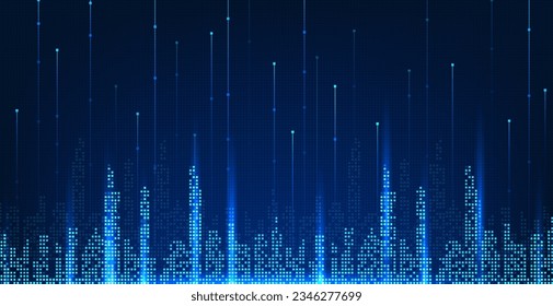 Smart city technology in the form of pixels with lines that connect with the city in a unique way. conveys the technology of A city that takes advantage of modern and intelligent technology innovation