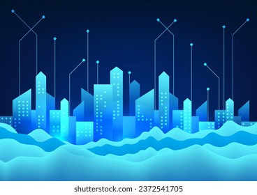 Tecnología de ciudades inteligentes La ciudad de enfrente se desintegra con el circuito detrás. Representa una ciudad que tiene información y comunicaciones para aumentar la eficiencia y calidad de los servicios comunitarios.