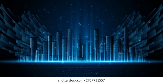 Intelligente City-Technologie. Zukunftstechnologie, Stadtarchitektur. Digitales Hightech-Stadtdesign. Technologie, städtischer Hintergrund.	