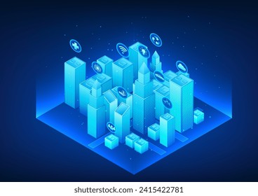 Smart city technology A future city that uses technology and artificial intelligence to manage transportation, energy, and digital infrastructure for people to live better. Isometric image.Vector