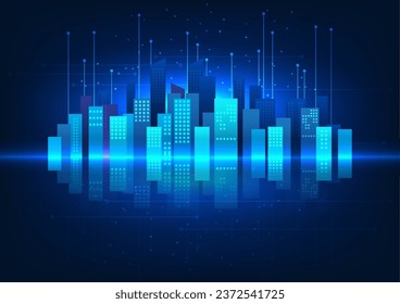 Tecnología de ciudades inteligentes La ciudad tiene una reflexión sobre el circuito detrás de ella. Representa una ciudad inteligente que tiene mejores instalaciones para la gente en la ciudad.