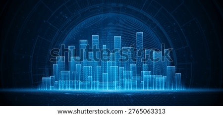 Smart city technology with hologram world in the background. Future technology city architecture concept. Digital hi-tech city design. Technology city background.