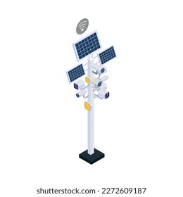 Symbol für intelligente Stadttechnologie mit Post mit Kameras mit Solarmodulen 3D-Vektorgrafik