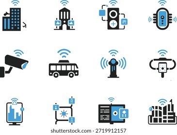 Conjunto de iconos de Tecnología de ciudad inteligente Dispositivos conectados e Ilustración vectorial de infraestructura