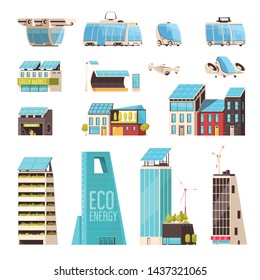 Smart city technology infrastructure intelligent transport system eco energy efficient power facilities flat elements set vector illustration 
