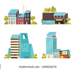 Smart city technology infrastructure services concept 4 flat compositions with eco energy using facilities isolated vector illustration 