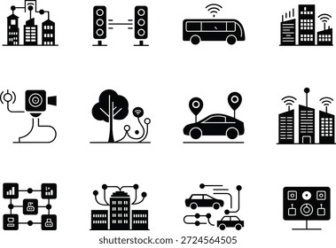 Ciudad inteligente e iconos de integración de tecnología altavoces edificio inteligente