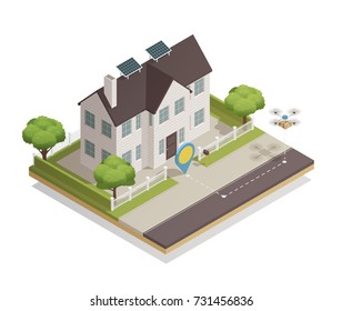 Smart city technology isometric composition with townhouse sun battery panels and drone parcel delivery moment vector illustration 