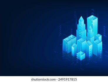 Smart city technology Isometric view with arrows around it. Shows a city that has been developed with modern technology. Attracting investors to become an economic leader city