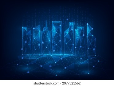Smart city technology low poly wireframe. Abstract future city or metropolis. Isolated on blue dark background. Global social intelligent building automation.   