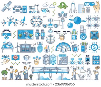 Intelligente City-Technologie und modernes AI, 5G-Konnektivitäts-Rahmenkollektionsset. Elemente mit IOT-Signalnetz für eine schnelle und effektive Datenverbindung, Vektorgrafik. Elemente des digitalen städtischen Raums.