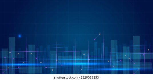 Smart city technology and modern futuristic cities blue light vector