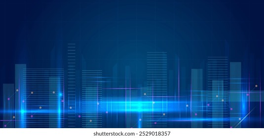 Smart city technology and modern futuristic cities blue light vector