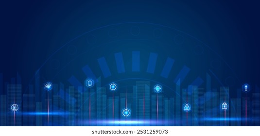 Smart city technology or modern urban cityscape vector editable