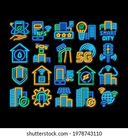 Smart City Technology neon light sign vector. Glowing bright icon  Smart City Tool Traffic Lights And Drone Delivery, Solar Battery And Eco Energy Plant Illustrations