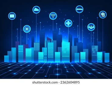 Smart city technology On top of the city there are interconnected icons. It represents a smart city that provides convenience to people. Both communication and medical systems