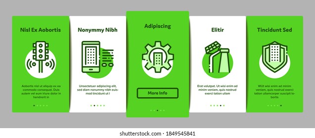 Smart City Technology Onboarding Mobile App Page Screen Vector. Smart City Tool Traffic Lights And Drone Delivery, Solar Battery And Eco Energy Plant Illustrations