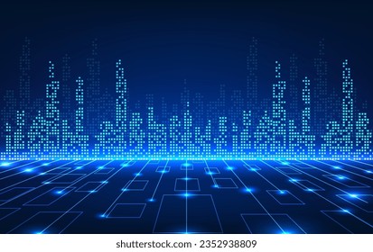 Smart city technology Pixel style city The front has technology circuit lines. Smart City concept technology is a city that focuses on improving service systems to make people more comfortable.