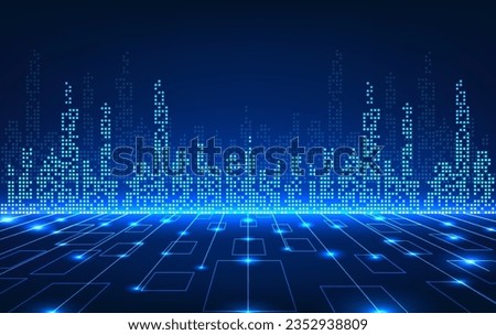 Smart city technology Pixel style city The front has technology circuit lines. Smart City concept technology is a city that focuses on improving service systems to make people more comfortable.