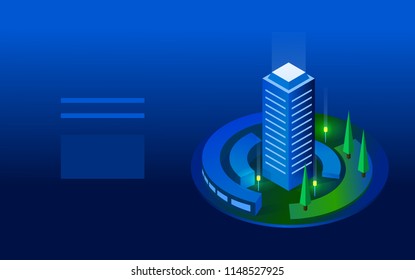 Smart city technology. Simple low poly architecture. Vector isometric illustration.