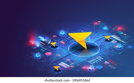 Smart city technology, tracking and building routes on the map, city. Map with navigation markers. Public transport locations screen. Wireless internet technologies, application and tracking concept