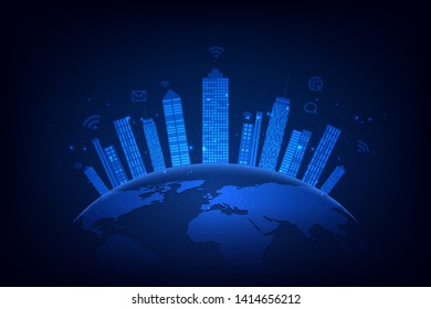 Concepto de red de ciudades y telecomunicaciones inteligentes. ilustración abstracta mixta media.vectorial