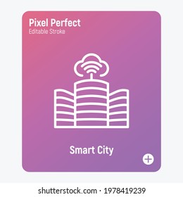 Smart city thin line icon. Modern buildings and internet communication. Internet of things. Pixel perfect, editable stroke. Vector illustration.