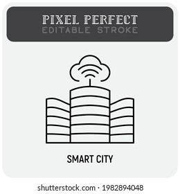 Smart city thin line icon. Modern buildings and internet communication. Internet of things. Pixel perfect, editable stroke. Vector illustration.