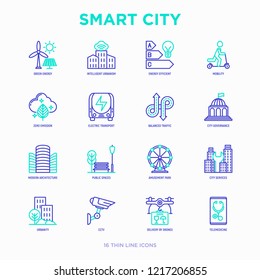 Smart city thin line icons set: green energy, intelligent urbanism, efficient mobility, zero emission, electric transport, balanced traffic, public spaces, CCTV, telemedicine. Vector illustration.