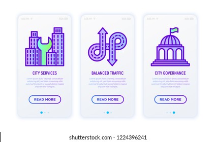 Smart city thin line icons set: city services, balanced traffic, city governance. Vector illustration for user mobile interface.