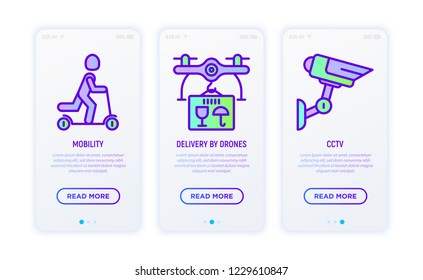 Smart city thin line icons set: efficient mobility, delivery by drone, CCTV. Vector illustration for user mobile interface.