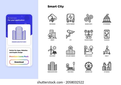 Smart city thin line icons set: green energy, intelligent urbanism, efficient mobility, zero emission, electric transport, balanced traffic, public spaces, CCTV, telemedicine. Vector illustration.