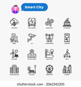 Smart city thin line icons set: green energy, intelligent urbanism, efficient mobility, zero emission, electric transport, balanced traffic, public spaces, CCTV, telemedicine. Vector illustration.