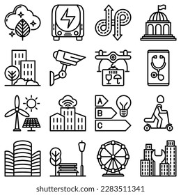 Smart city thin line icons set: green energy, intelligent urbanism, efficient mobility, zero emission, electric transport, balanced traffic, public spaces, CCTV, telemedicine. Vector illustration.
