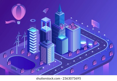 La ciudad inteligente del mañana es amigable con el medio ambiente. Última infraestructura urbana digital sostenible