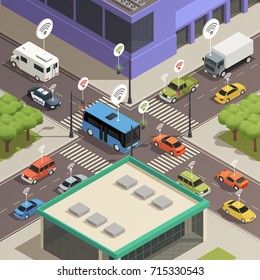 Smart city traffic lights assistance technology connecting  cars in busy streets intersections isometric composition poster vector illustration 