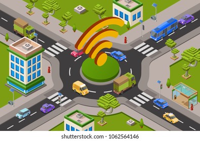 Smart city transport and wifi technology isometric 3D vector illustration of urban traffic crossroad and wi-fi icon. Isometric cars, public transport or buildings and wireless smart technology