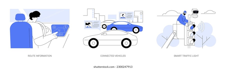 Smart city transportation abstract concept vector illustration set. Car driver get real-time route information, online service, connected vehicles technology, smart traffic light abstract metaphor.