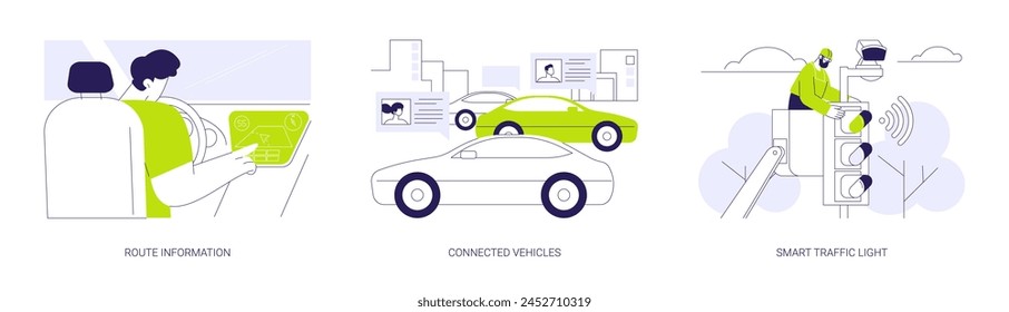 Conjunto de Ilustración vectorial de concepto abstracto de transporte urbano inteligente. El conductor del coche consigue información de ruta en tiempo real, servicio en línea, tecnología de vehículos conectados, metáfora abstracta del semáforo inteligente.