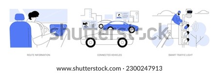 Smart city transportation abstract concept vector illustration set. Car driver get real-time route information, online service, connected vehicles technology, smart traffic light abstract metaphor.