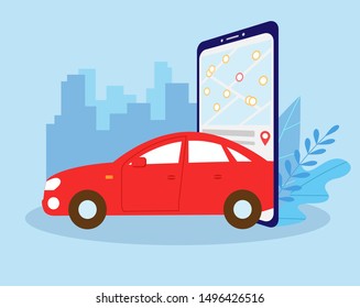 Smart city transportation concept, Online car sharing with red car and smartphone, can use for landing page, template, ui, web, mobile app, poster, banner, flyer. Vector illustration.