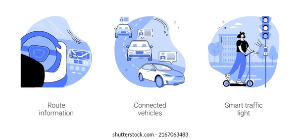 Smart city transportation isolated cartoon vector illustrations set. Car driver get real-time route information, online service, connected vehicles technology, smart traffic light vector cartoon.