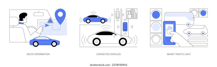 Smart city transportation isolated cartoon vector illustrations set. Car driver get real-time route information, online service, connected vehicles technology, smart traffic light vector cartoon.